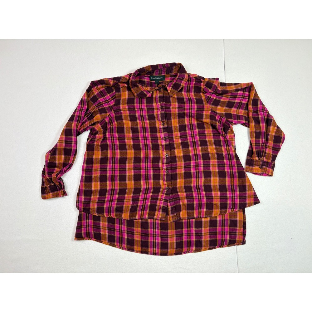 Lane Bryant Womens 14/16 Plaid Button Down Shirt Purple Pink Orange Rayon Tunic